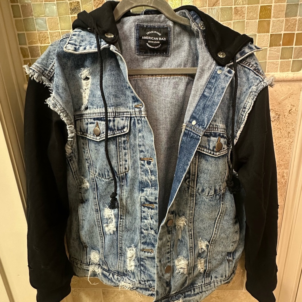 Black/Denim distressed jacket size small NWOT